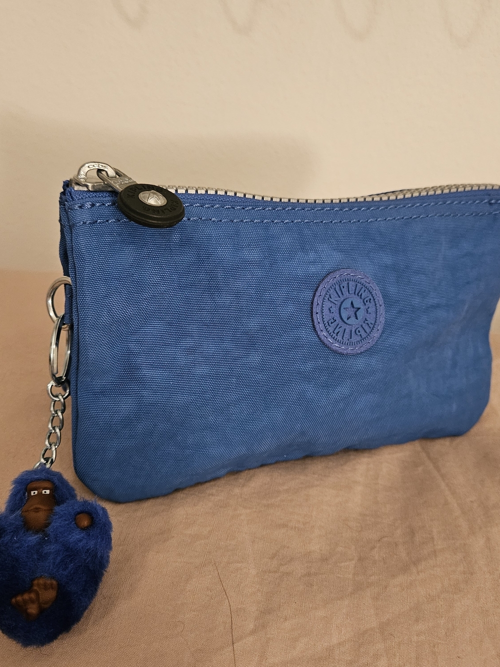 Kipling Royal Blue Nylon Wristlet Pouch with Monkey Charm